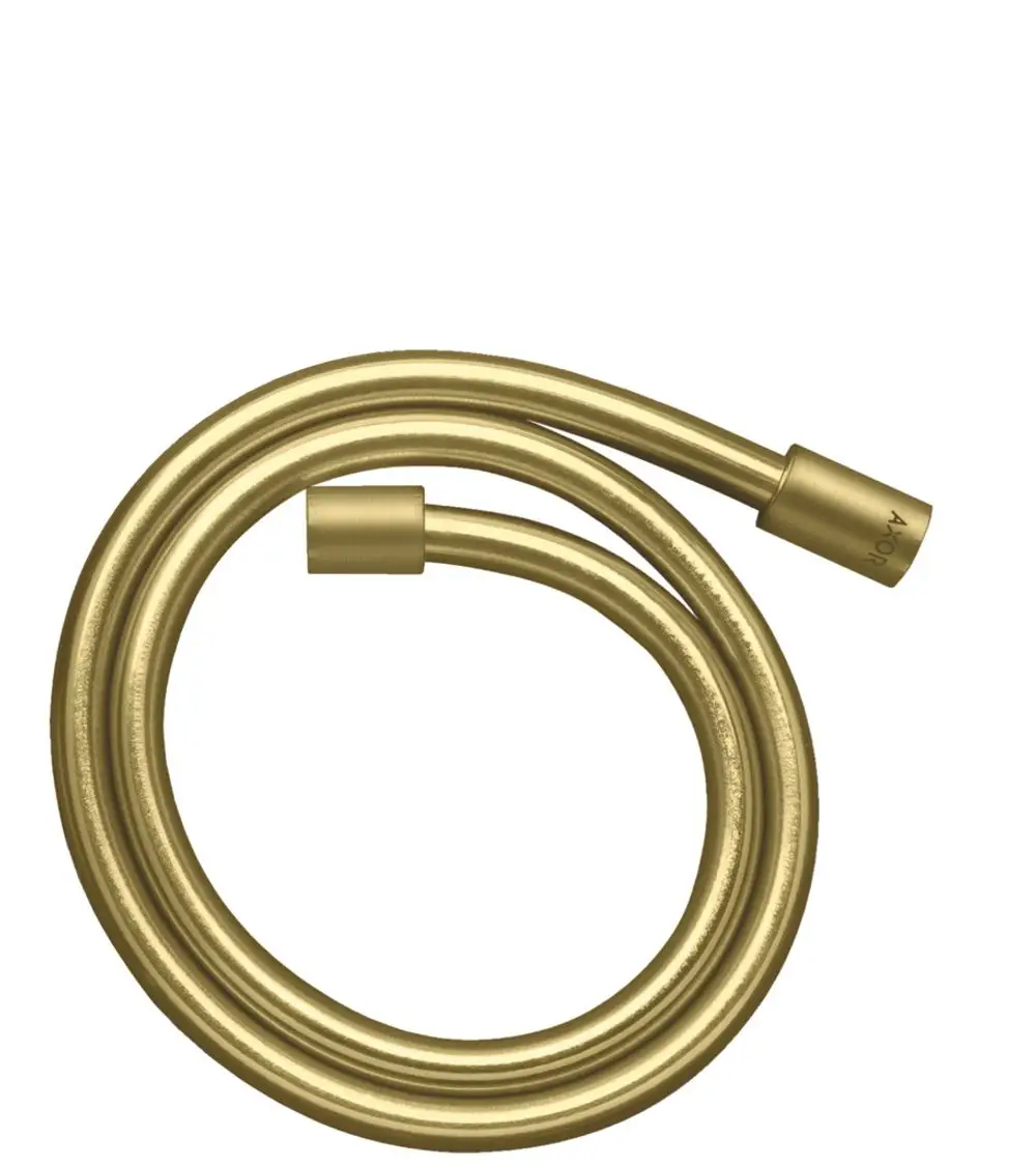 Brauseschlauch in gebürsteter Messing-Optik, spiralförmig gewunden, mit zylindrischen Muttern, hergestellt von AXOR.